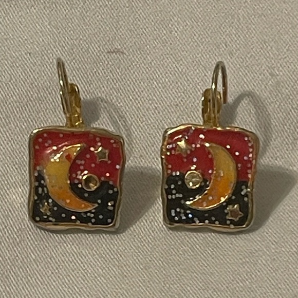 Jewelry - Gold and Red Moon‎ and Stars Earrings